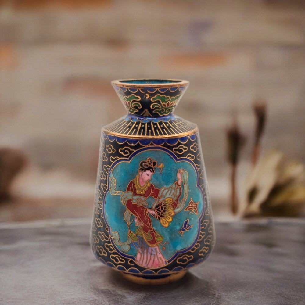 Chinese Cloisonne Enamel Miniature Vase Blue Scenic Figure Asian Decor